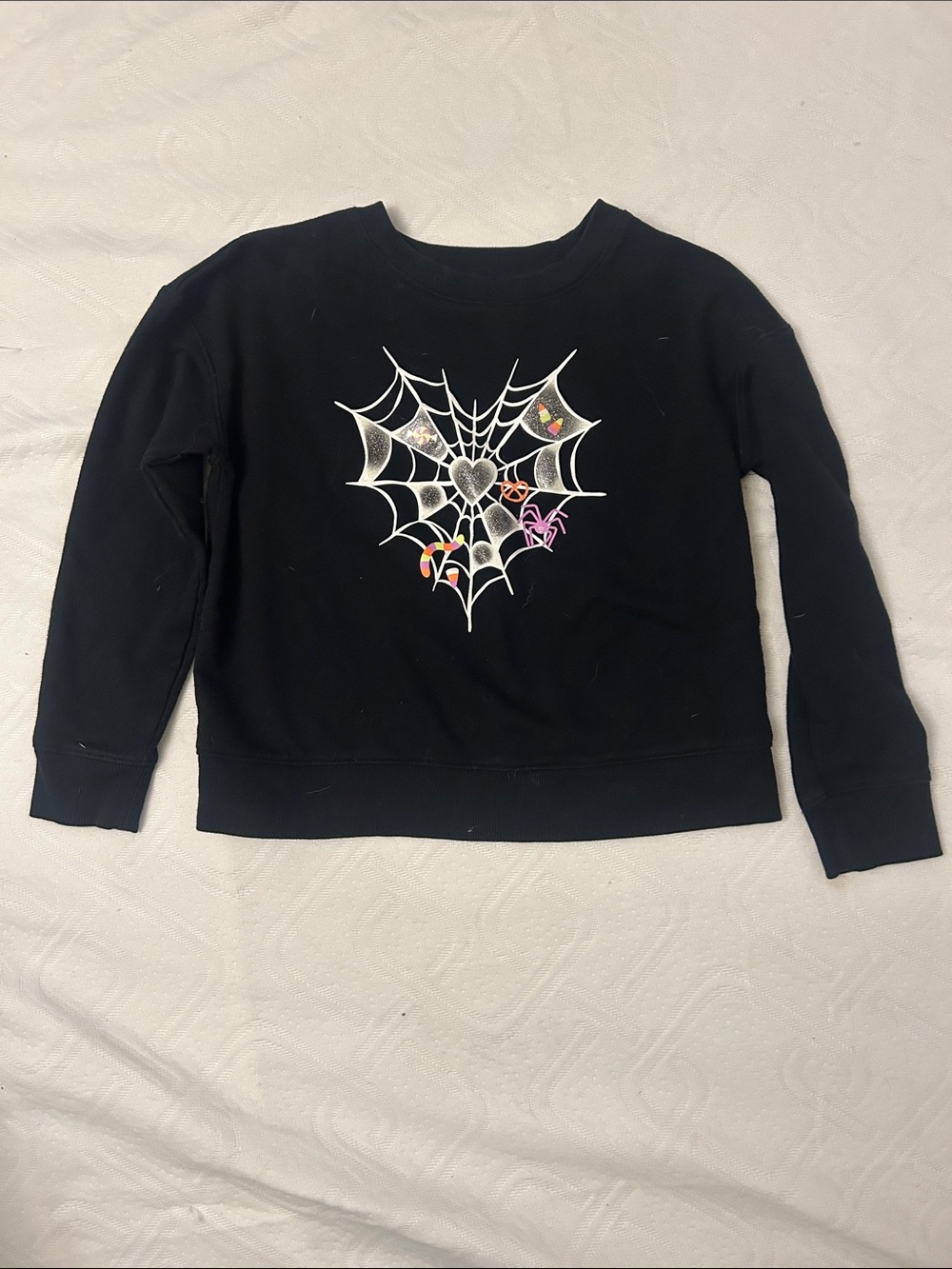 Black Crewneck Sweater with Spiderweb Heart Graphic